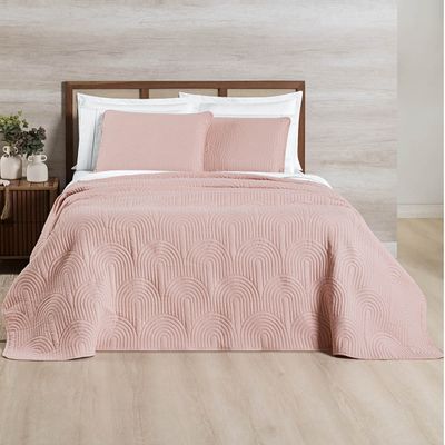 Kit Cobre Leito Colcha Arcos Queen Dupla Face Matelado 200 Fios 3 Peças Rosa