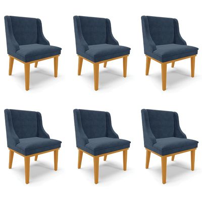 Kit 6 Cadeiras Decorativas Sala de Jantar Base Fixa de Madeira Firenze Suede Azul Marinho/Castanho G19 - Gran Belo