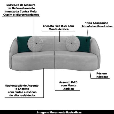 Conjunto Decorativo Sofá 288cm e Poltrona Clarke com Puff Round Veludo Cinza Claro - Gran Belo