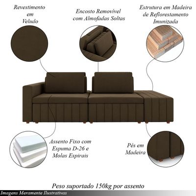 Sofá Ilha com Encosto e Almofadas Móveis Olimpo 285cm Modulado Veludo Marrom G45 - Gran Belo