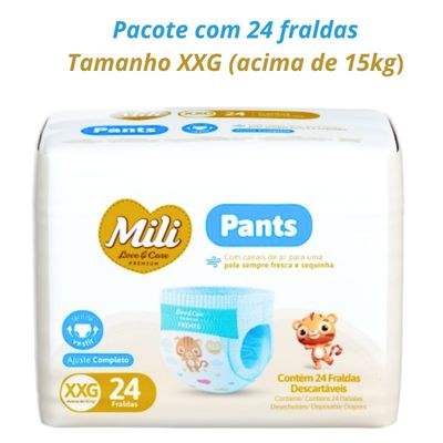 Fralda Descartável Mili Love & Care PREMIUM  PANTS (Tam: XXG)  cintura elástica 360º - pacote c/ 24 fraldas