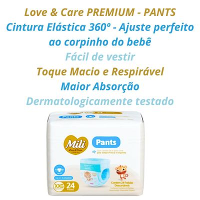 Fralda Descartável Mili Love & Care PREMIUM  PANTS (Tam: XXG)  cintura elástica 360º - pacote c/ 24 fraldas