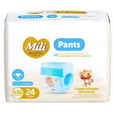Fralda Descartável Mili Love & Care PREMIUM  PANTS (Tam: XXG)  cintura elástica 360º - pacote c/ 24 fraldas