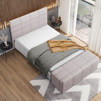 Kit Cabeceira Cama Box Casal 140cm com Calçadeira Roma W01 Linho Bege - Lyam