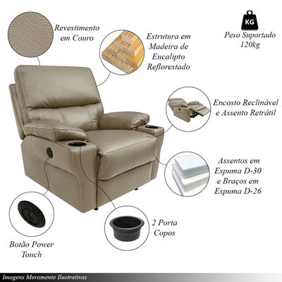 Poltrona do Papai Sala de Cinema Mia Reclinável Retrátil Power Elétrico Base Fixa Couro Avelã G40 - Gran Belo