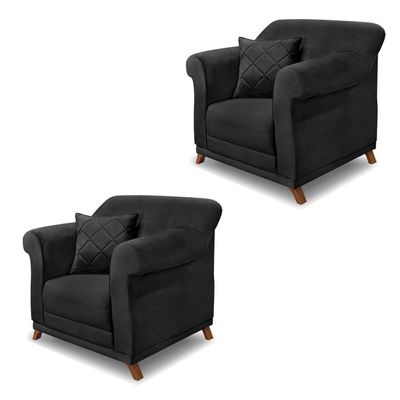 Kit 2 Poltronas Decorativas com 2 Almofadas Armstrong Veludo Preto - Gran Belo