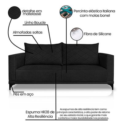 Sofá Living 2 Lugares com Pés de Ferro Almofadas Soltas 160cm Neso Bouclê Preto G63 - Gran belo