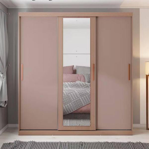 Guarda Roupa Casal Paris Bartira com Espelho 3 Portas de Correr e 2 Gavetas Avelã/Cappuccino