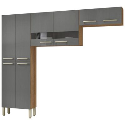 Cozinha Compacta Nala 8 Portas e 4 Prateleiras Kit`s Paraná Freijó/Gris