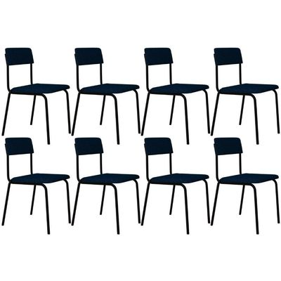 Kit 08 Cadeiras Estofada Para Sala De Jantar Sense Preto C01 Linho Azul Escuro - Lyam Decor