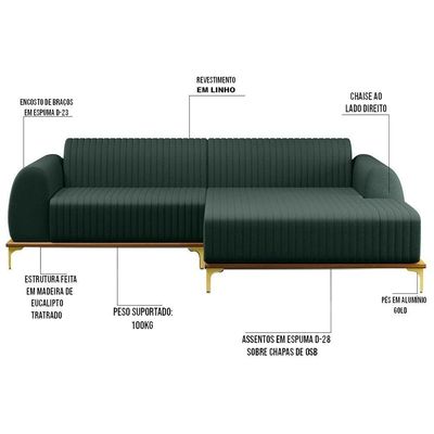Sofá 255cm 4 Lugares Com Chaise Direito Pés Gold Molino C-117 Linho Verde - Domi