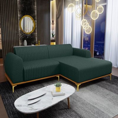 Sofá 255cm 4 Lugares Com Chaise Direito Pés Gold Molino C-117 Linho Verde - Domi