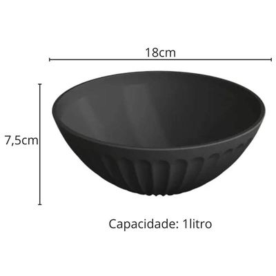 Kit 6 Saladeiras Tigela Redonda Plástico Preto 1L 18x7,5cm Salada Pipoca Sobremesa Uz