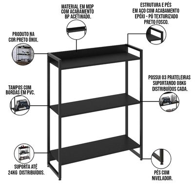 Estante Multiuso Para Escritório Industrial 03 Prateleiras Areta 104x80cm C01 Onix - Lyam Decor