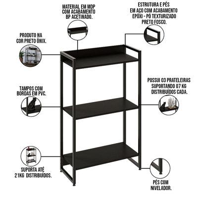 Kit 2 Estantes Multiuso Escritório Industrial 3 Prateleiras Areta 104x60cm C01 Onix - Lyam Decor