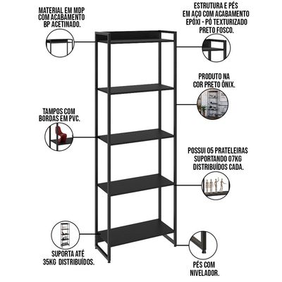 Kit 3 Estantes Multiuso Escritório Industrial 5 Prateleiras Areta 186x60cm C01 Onix - Lyam Decor