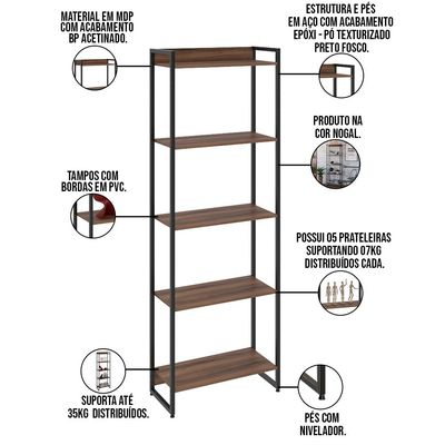 Kit Escritório Estante Areta 5 Prateleiras com Mesa Industrial Aspen 120cm C01 Nogal - Lyam Decor