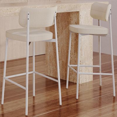 Banqueta Alta Bar Cozinha Sala De Jantar Aço Branco Kaira C01 Linho Areia - Lyam Decor