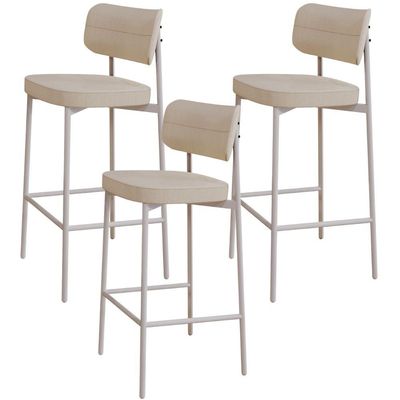Kit 03 Banquetas Alta Bar Cozinha Sala De Jantar Aço Branco Kaira C01 Linho Areia - Lyam Decor