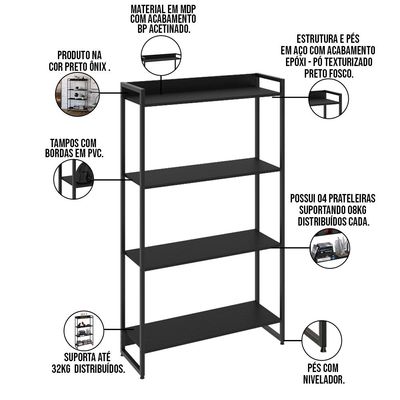 Kit 3 Estantes Multiuso Escritório Industrial 4 Prateleiras Areta 145x80cm C01 Onix - Lyam Decor