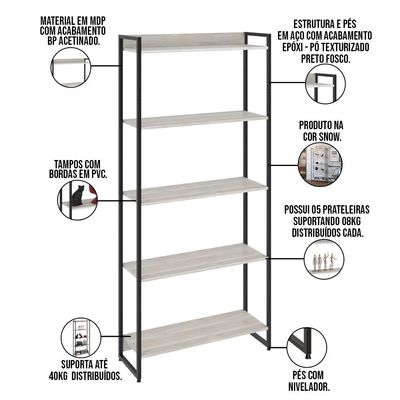 Kit 2 Estantes Multiuso Escritório Industrial 5 Prateleiras Areta 186x80cm C01 Snow - Lyam Decor