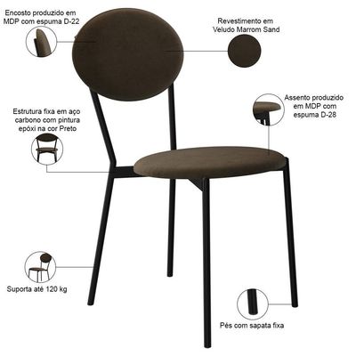 Kit 06 Cadeiras Estofada Para Sala De Jantar Azuri Preto C01 Veludo Marrom Sand - Lyam Decor