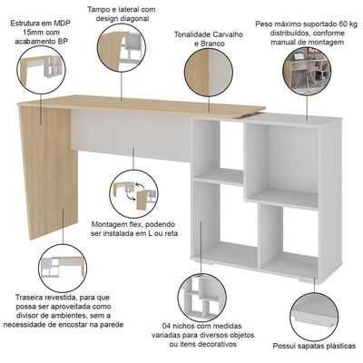 Mesa Para Escritório Escrivaninha Home Office Urban A02 Carvalho Branco - Lyam Decor