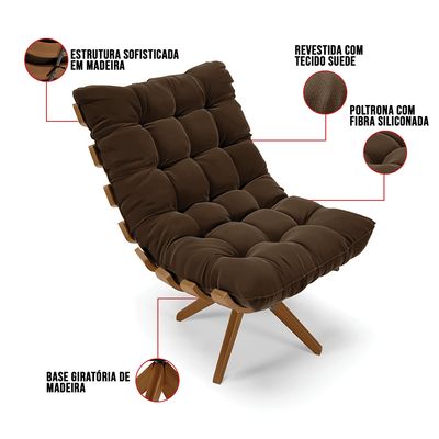 Poltrona Giratória Costela Suede Marrom Base de Madeira MA30 M11 - D'Rossi