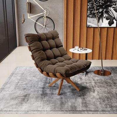 Poltrona Giratória Costela Suede Marrom Base de Madeira MA30 M11 - D'Rossi