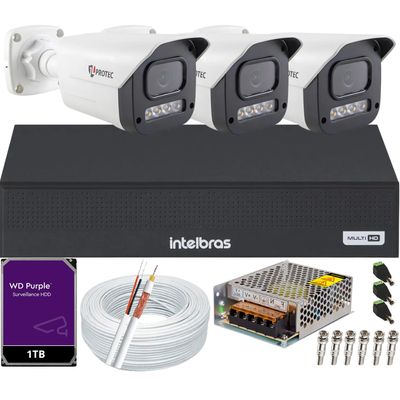 Kit 3 Câmeras Full Color C/Áudio Dvr Intelbras 4ch 1TB Purple