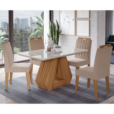Conjunto Sala de Jantar Ágata Tampo em MDF e Vidro Com 4 Cadeiras Paola Cimol NATURE/OFFWHITE/NUDE