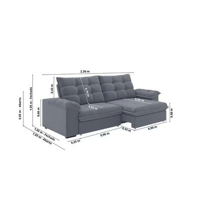 Sofá 4 Lugares Puglia 230cm Retrátil Reclinável Veludo Luizzi Cinza