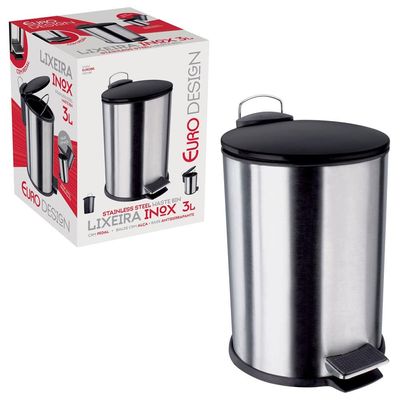 Lixeira com Pedal LIX2317-PT em Inox e PP 3L Euro Home Inox com Preto