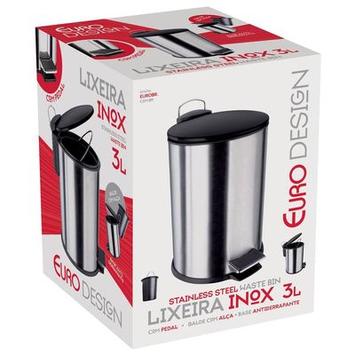 Lixeira com Pedal LIX2317-PT em Inox e PP 3L Euro Home Inox com Preto