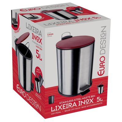 Lixeira com Pedal LIX2287-VM em Inox e PP 5L Euro Home Vermelho com Inox