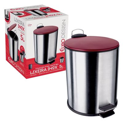 Lixeira com Pedal LIX2287-VM em Inox e PP 5L Euro Home Vermelho com Inox