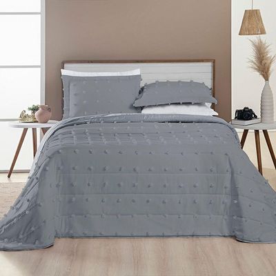 Cobre Leito Colcha King Pompom 3 Peças Cinza- 100% Poliéster
