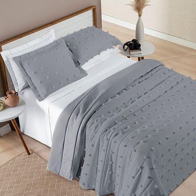 Cobre Leito Colcha King Pompom 3 Peças Cinza- 100% Poliéster