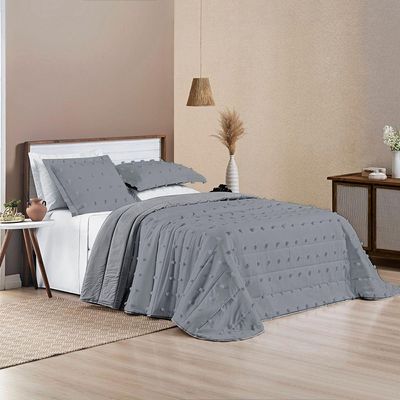 Cobre Leito Colcha King Pompom 3 Peças Cinza- 100% Poliéster