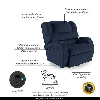 Poltrona do Papai Sala de Cinema Reclinável Kylie Glider Manual Giratória USB PU Azul G23
