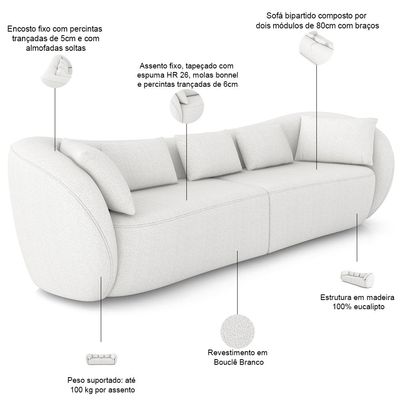 Sofá 3 Lugares Para Sala Living Orgânico 212cm Eça P08 Bouclê Branco - Lyam Decor