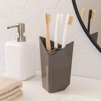 Kit Bandeja Decorativa Branca e Porta Escova de Dentes Cinza Plástico Banheiro Lavabo