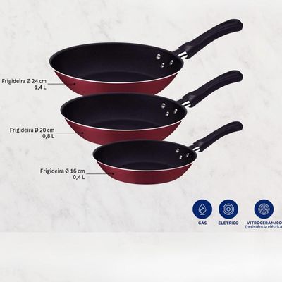 Jogo Tramontina 3 Frigideiras e Chaleira 1,9L Antiaderentes Starflon Max Vermelho