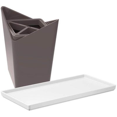 Kit Bandeja Decorativa Branca e Porta Escova de Dentes Cinza Plástico Banheiro Lavabo