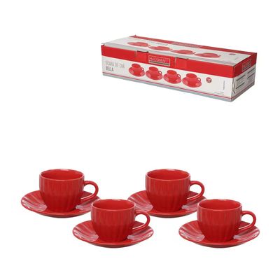 Jogo de Xícaras para Chá Bella com Pires Vermelho 150ml 4 Peças Hauskraft Vermelho