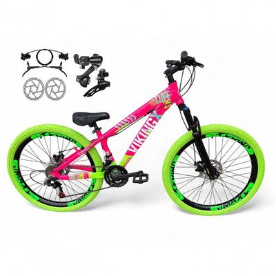 Bicicleta Aro 26 VikingX Tuff X25 21v Freio a Disco Rosa-verde