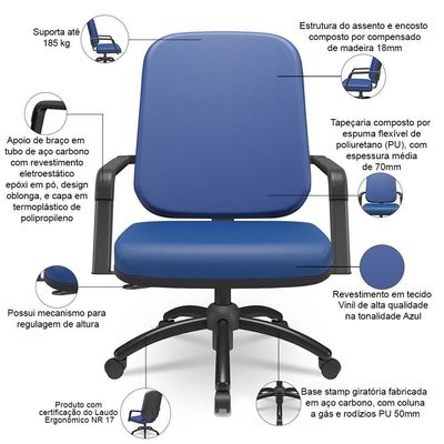 Cadeira De Escritório Giratória Com Braço Preta Magno P03 Vinil Azul - Lyam Decor