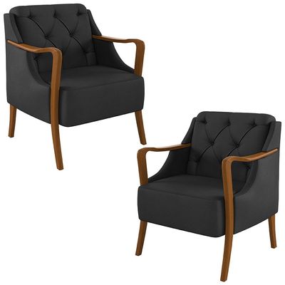 Kit 2 Poltronas Decorativas Braços em Madeira Hand PU Preto - Gran Belo