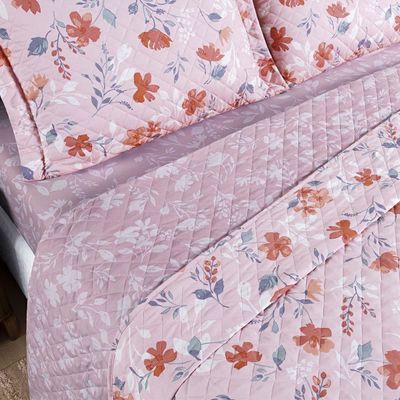 Kit Cobre Leito Colcha Belle Casal Padrão Estampado Dupla Face 400 Fios 3 Peças Floral Rosê