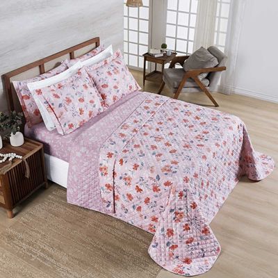 Kit Cobre Leito Colcha Belle Casal Padrão Estampado Dupla Face 400 Fios 3 Peças Floral Rosê